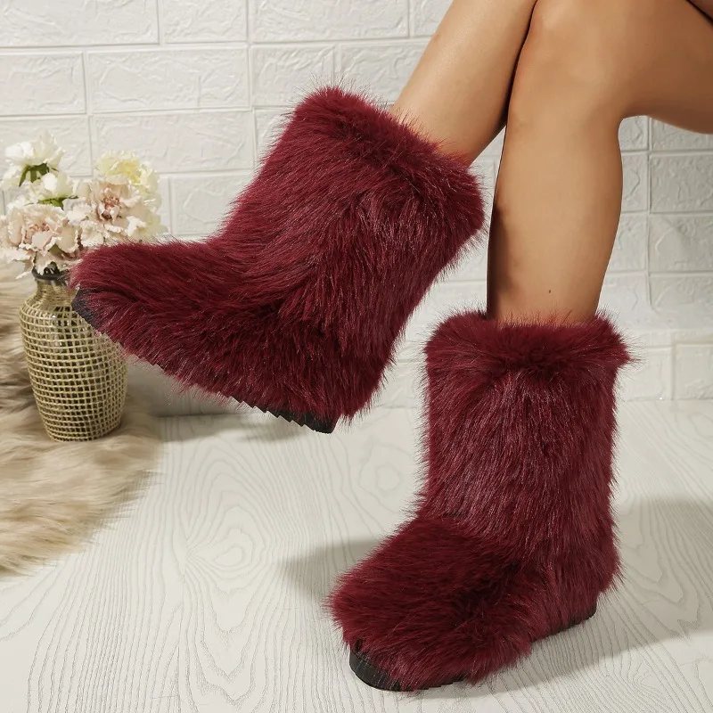 Women's Winter Snow Boots Outdoor Luxury Furry Faux Fox Fur Boots Woman Plush Warm Platform Shoes New Fashion Bottes Big Size