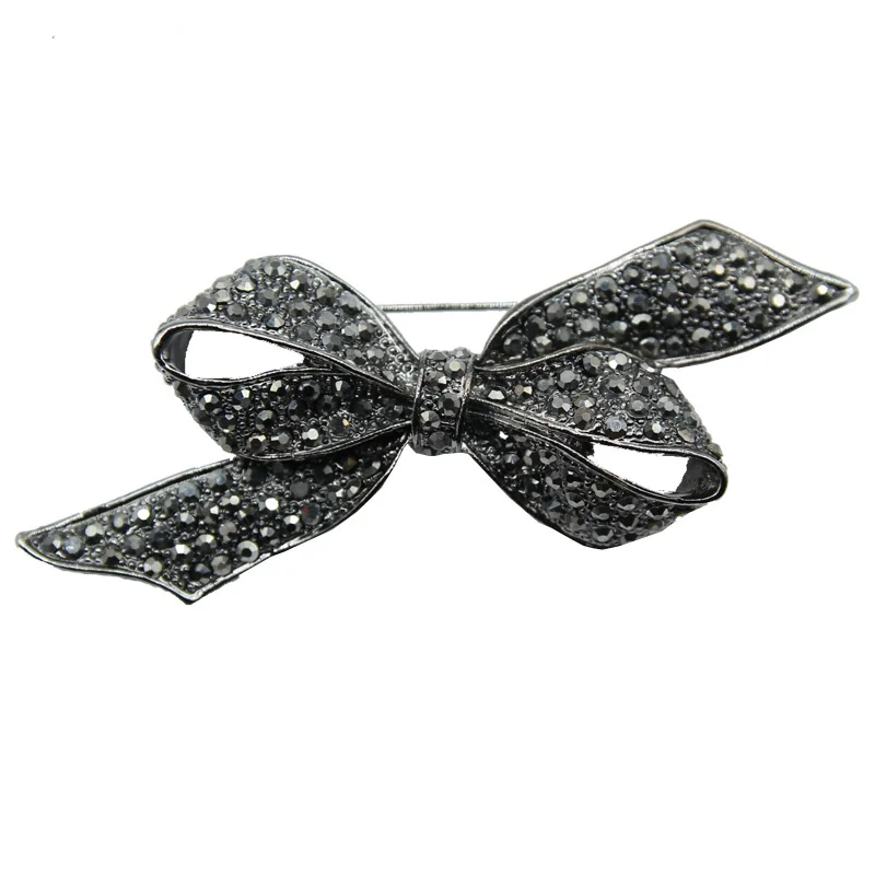 Rhinestone Black Flower Bow Tie Brooches for Women Vintage Elegant Large Brooch Pin Winter Coat Sweater Broches High Quality