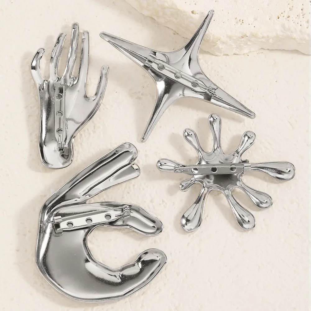 Trendy Creative Liquid Metal Hand Palm OK Sign Star Shape Stainless Steel Brooches for Women Men Suit Coat Lapel Pin Jewelry