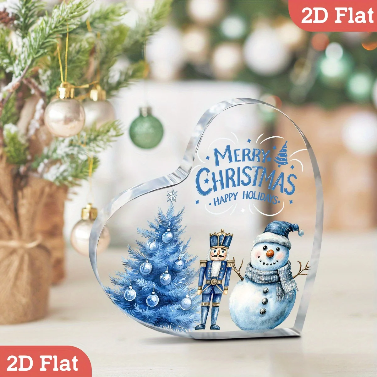 Merry Christmas Heart‑Shaped Acrylic Plaque, Blue Tree Nutcracker Snowman Table Decor