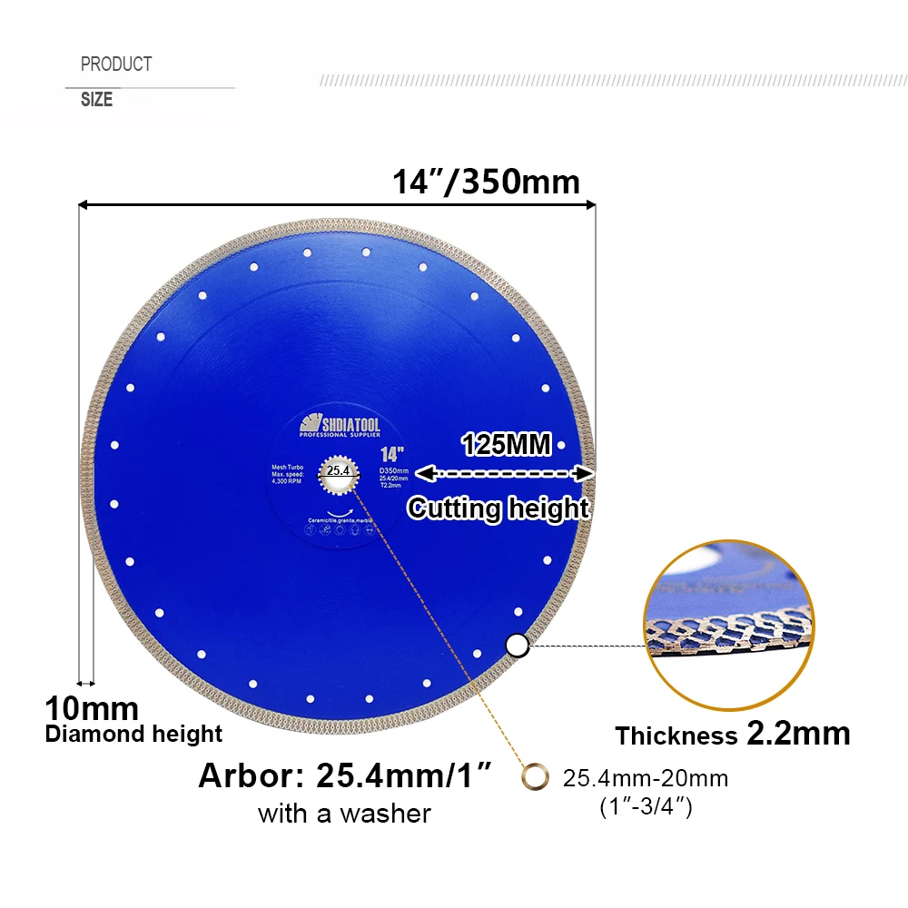 Imagem -05 - Shdiatool-disco de Diamante para Azulejo Lâmina de Serra Circular 14in Azulejo Porcelana Alvenaria e Mármore 350 mm 25.4 Mm22.23 mm 1pc