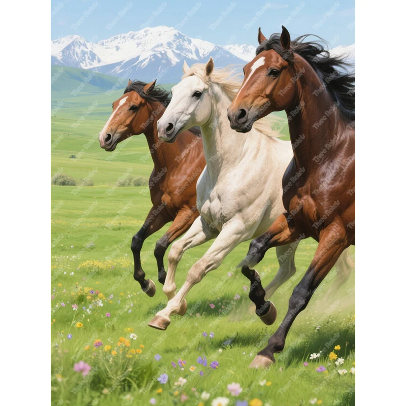 Three Ratels QHH108 Free galloping horses on the grassland Animal landscape poster for home decoration self-adhesive
