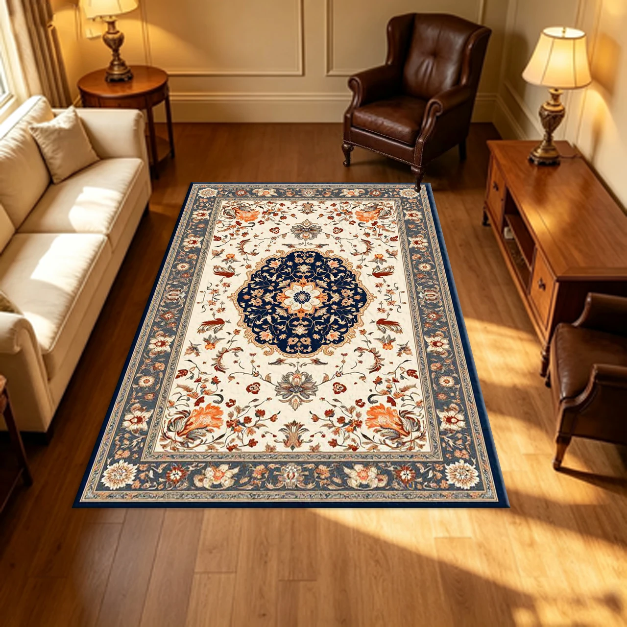 Vintage Persian Oriental Floral Medallion Carpet Flooring Beige Navy Orange Ornate Border Household Indoor Large Area Rug