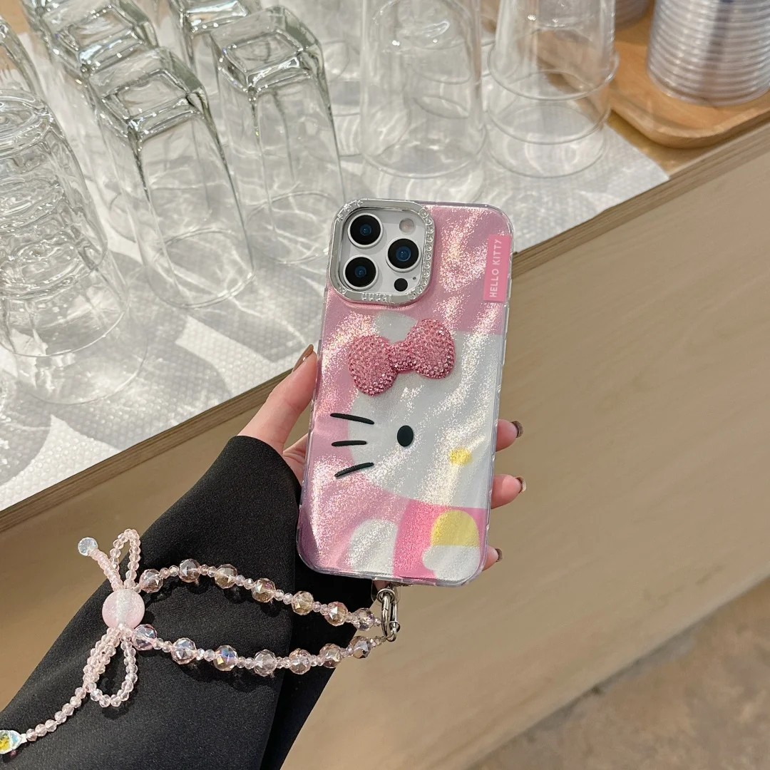 

Luxury laser 3D Diamond Bow Hello Kitty Wrist strap Phone Case For iPhone 16 15 14 13 Pro Max Shockproof Bumper Back Cover﻿