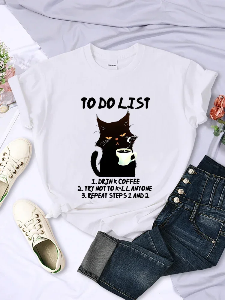 Black Cat To Do List Graphic T Shirts Funny Cat Coffee Tops  T-shirt Fashion Harajuku T-shirts Men Brand T-shirt Women Clothing