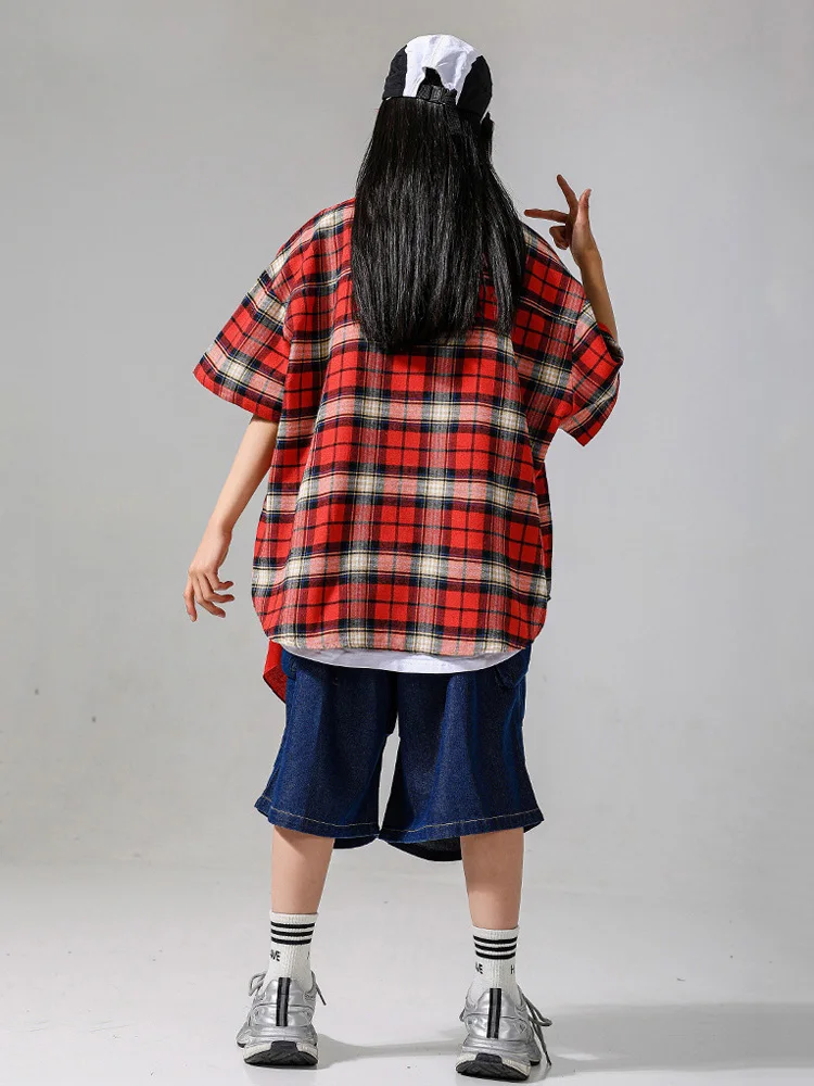 Vêtements Kpop Hip Hop pour enfants, chemise ample à carreaux rouges, Streetwear bleu, short en Denim pour filles et garçons, Costume de danse Jazz