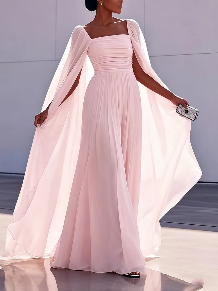 Women's Solid Color Square Neck Waisted Chiffon Cape Sleeves Maxi Gown 2026 Spring and Summer Elegant Evening Party Dresses