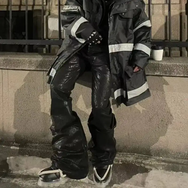 HKSH Primavera Autunno Uomo Dark RO Pantaloni in denim cerato con doppia cucitura High Street Punk Jeans elastici vintage svasati a gamba larga HK10422