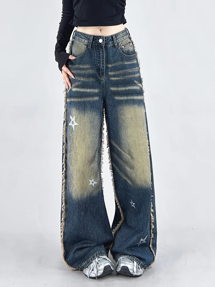 Vintage Streetwear Jeans Women Star Print Tassel Loose Wide Leg Denim Pants Y2K Harajuku High Waist Baggy Scimitar Trouser New