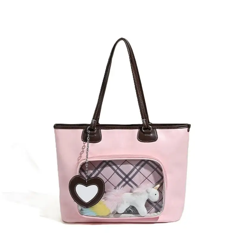 Hersteller kundenspezifische Damen-Einkaufstasche aus Kunstleder mit klarem Fenster, Taschennadeln, Display, Damenhandtasche, Ita-Tasche