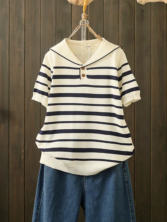 Summer plus Size 200 Pounds Nautical Stripe Short Sleeve Women's Loose Casual T-Shirt Belly Covering Age Reduction Fashion Co...