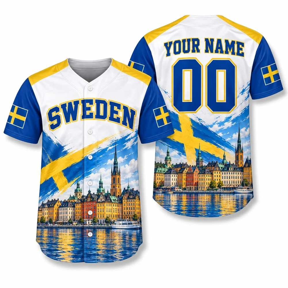 DIY Golden Cross Sweden Shirts Dala Horse and Lake Art Baseball Jersey Short Sleeve Scenic Casual Scandinavian Jerseys Shirt