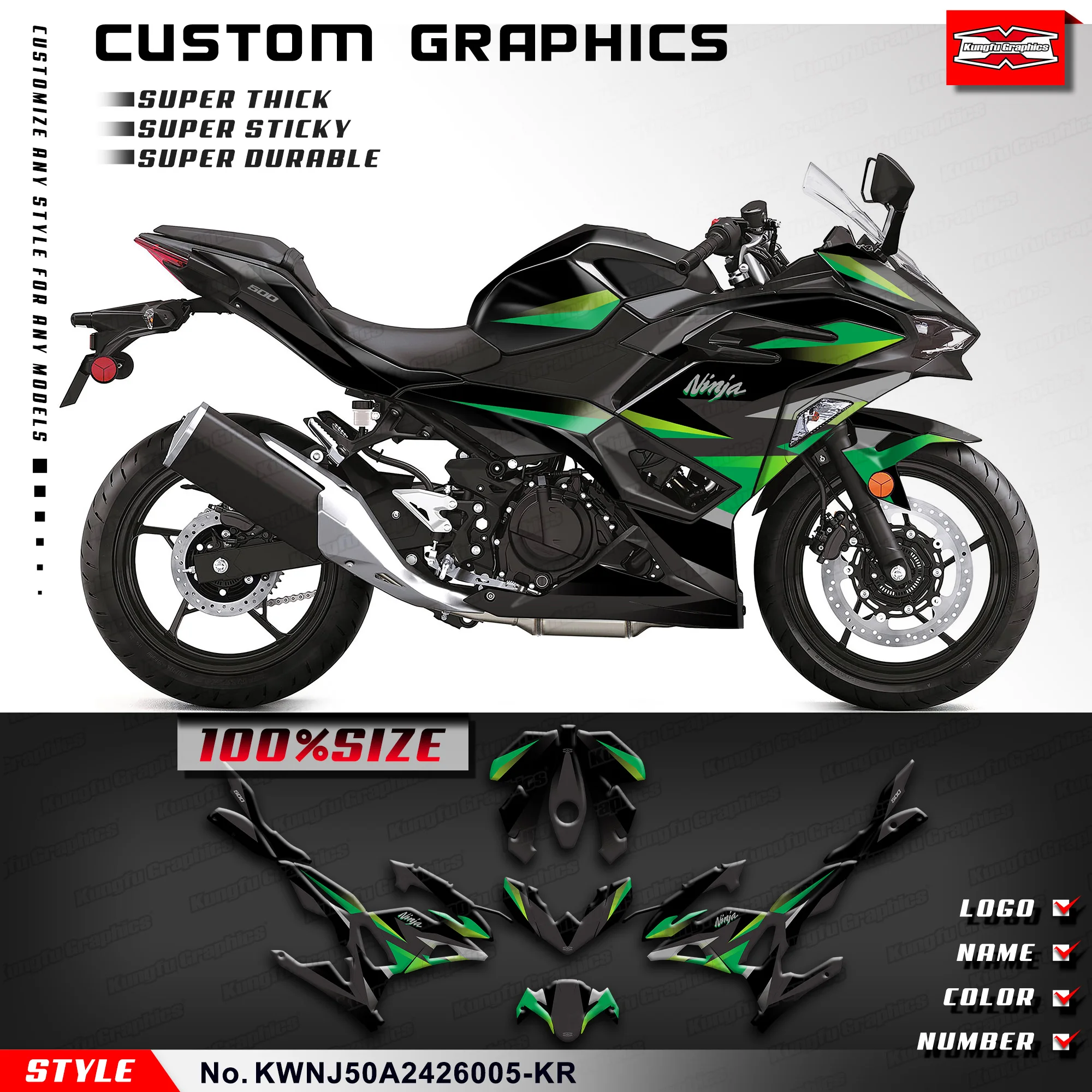 

Наклейки KUNGFU GRAPHICS для мотоциклов, виниловая пленка для Kawasaki Ninja500 Ninja 500 2024 2025 2026, гоночная графика, для тюнинга