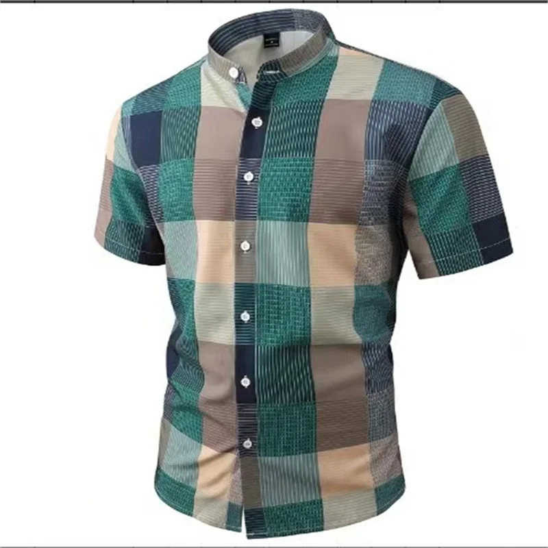 

Men's Four-Way Stretch Stand Collar Summer Shirt Button-Up Checkered Short Sleeve Casual Everyday Clothing 5XL