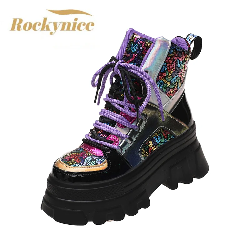 

Women Autumn Ankle Boots New 2022 High Top Bling Chunky Sneakers Lace-up Platform Leather Shoes 8CM Heel Casual Motorcycle Boots