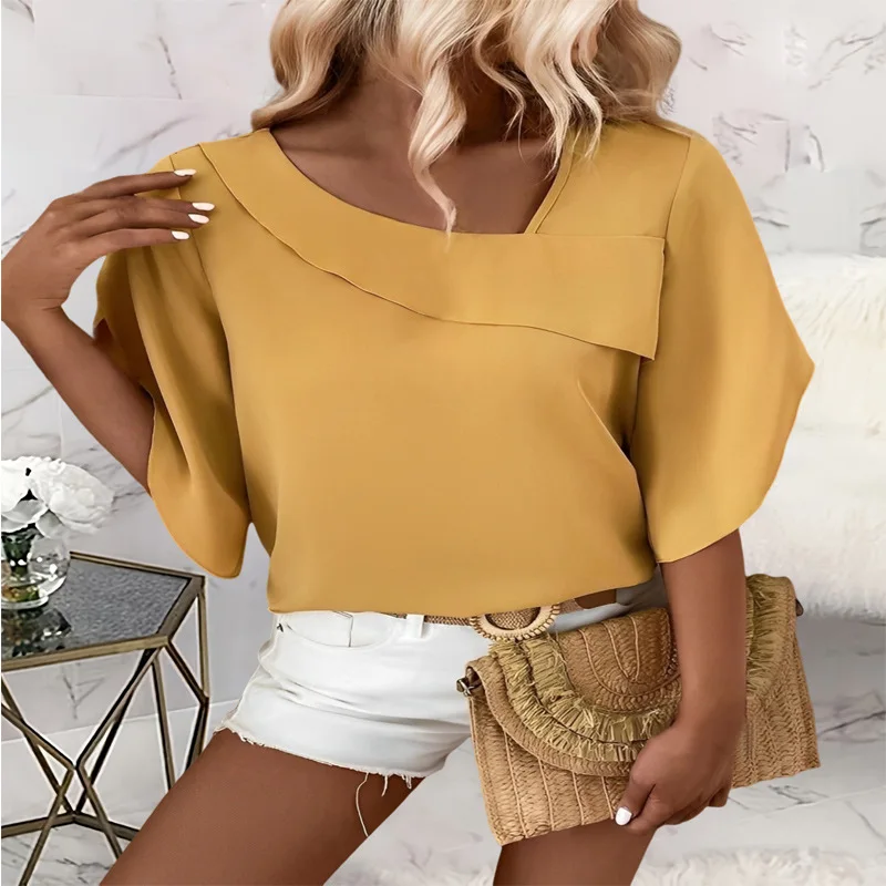 Plus Size Women's Solid Yellow Loose Blouse Oversized Stylish Square Neck Half Sleeve Casual Shirt for Women Summer Look