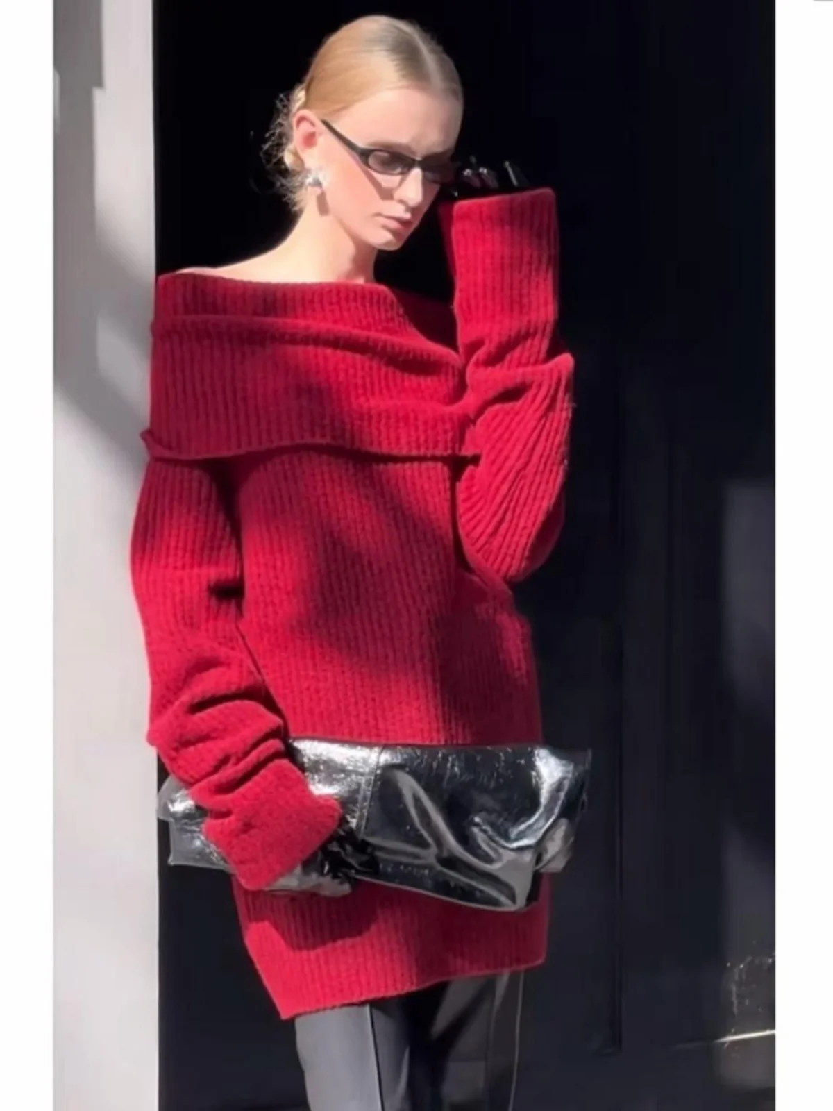 

Red Wool Blend Oversized oulder Baring Sweater Women's Outerwear Autumn Winter Slimming Loose Fit Comfortable Commute Sle