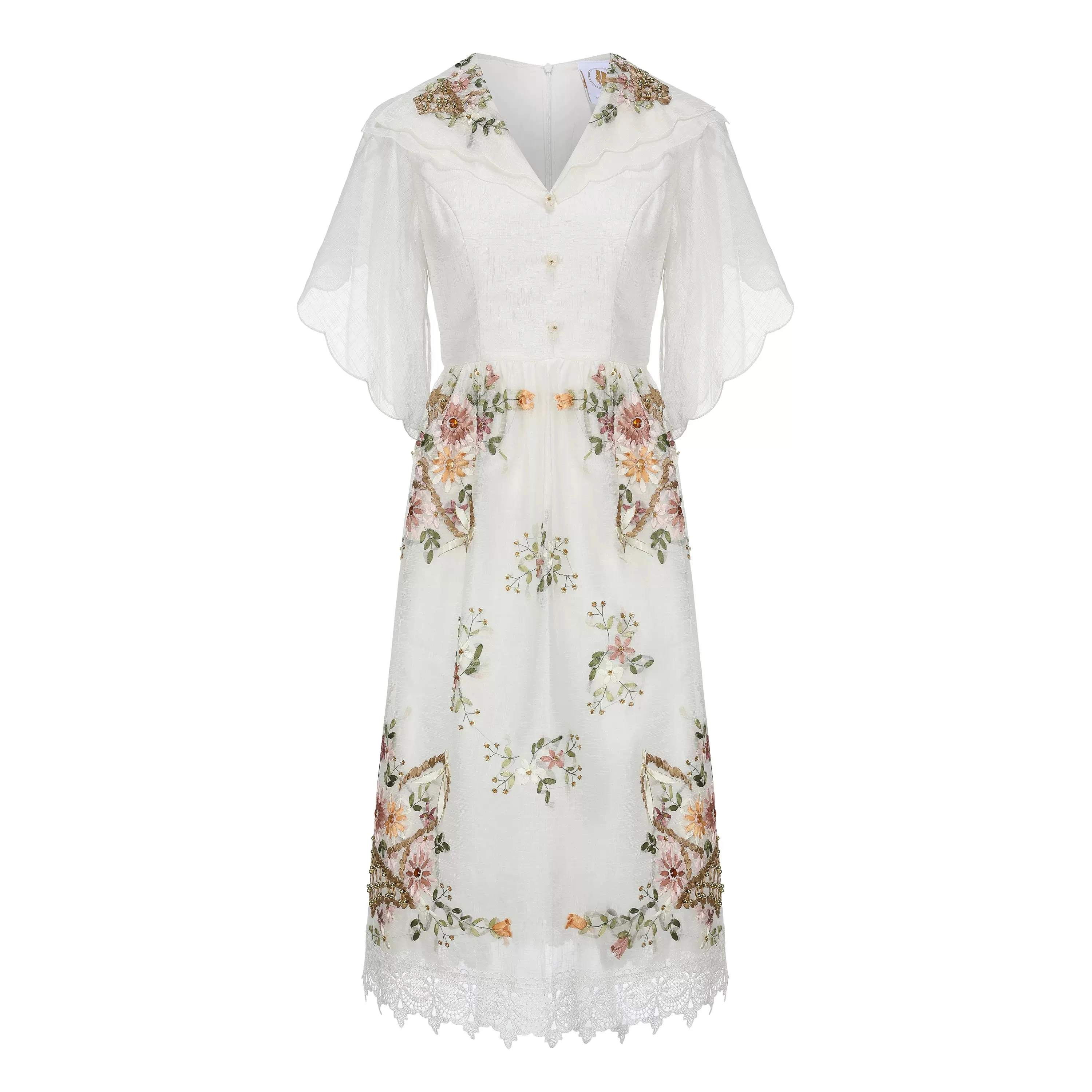 86-96cm Bust Spring Summer Women French Style Lace Trimmings Exquisite Handmade Beading Antique Ribbon Embroidered White Dresses