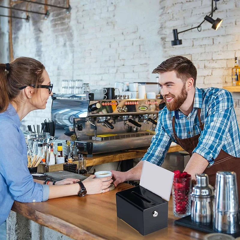 2x caixa de doação com fechadura-caixa de sugestão acrílica com slot, caixa de bloqueio de cédula com suporte de sinal para rifa, votação preto