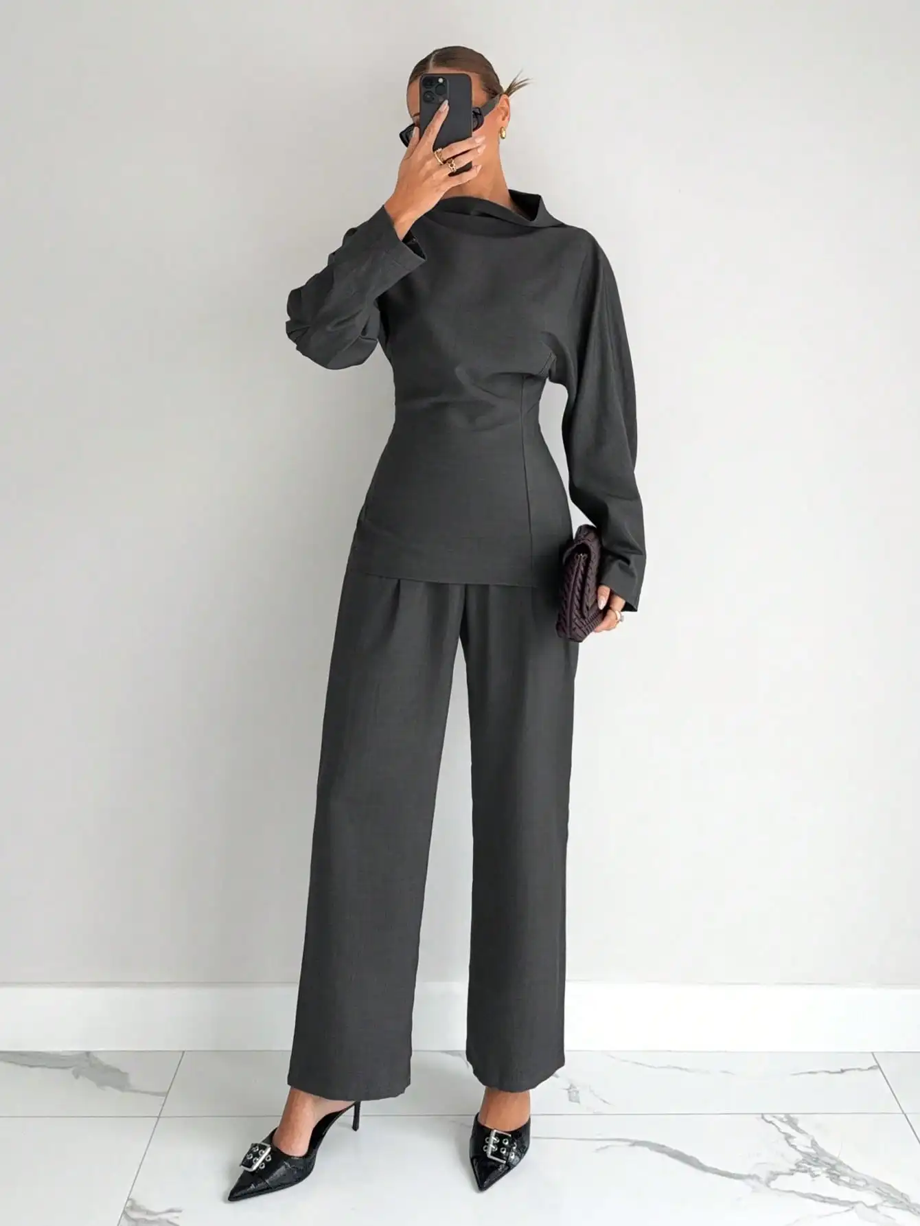 회색 2피스 여성 티셔츠 세트, 비즈니스 캐주얼 오피스웨어, 겨울용 모던 출퇴근복