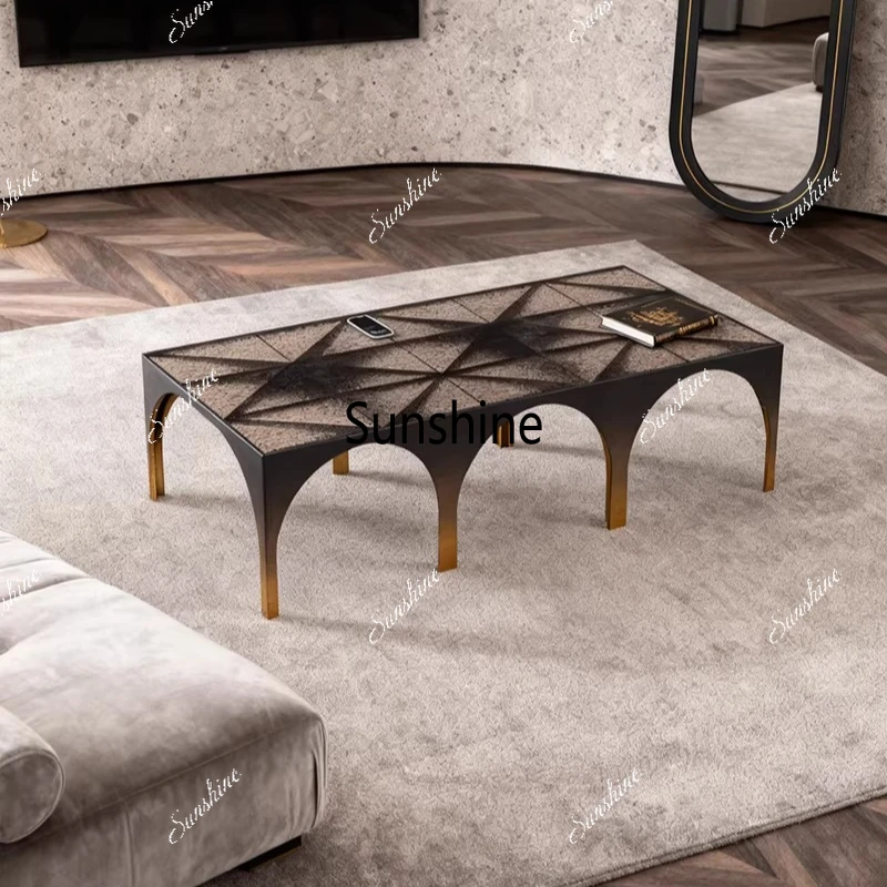 

Light luxury modern colored glass tea table Italian living room water ripple long coffee table