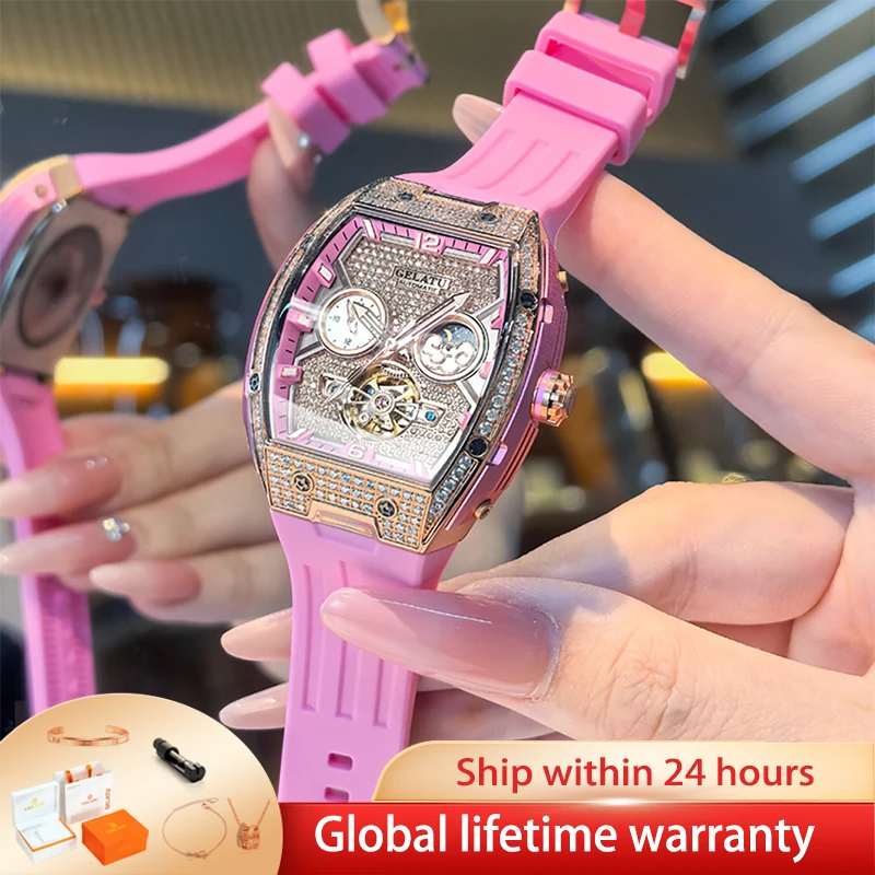GELATU 6016 Luxury Elegant Womens Watch Fully Automatic Mechanical Watch﻿ 50M Waterproof Silicone Watches For Woman Diamond Dial