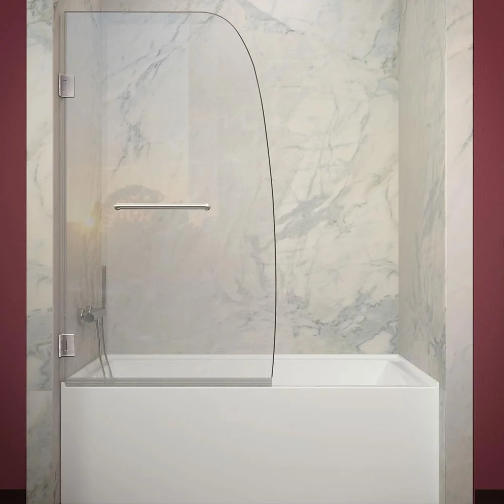 Porta de banheira articulada sem moldura, vidro temperado de níquel escovado, hardware de liga de rinoceronte, fácil instalação, resistente a arranhões, reversível, moderno