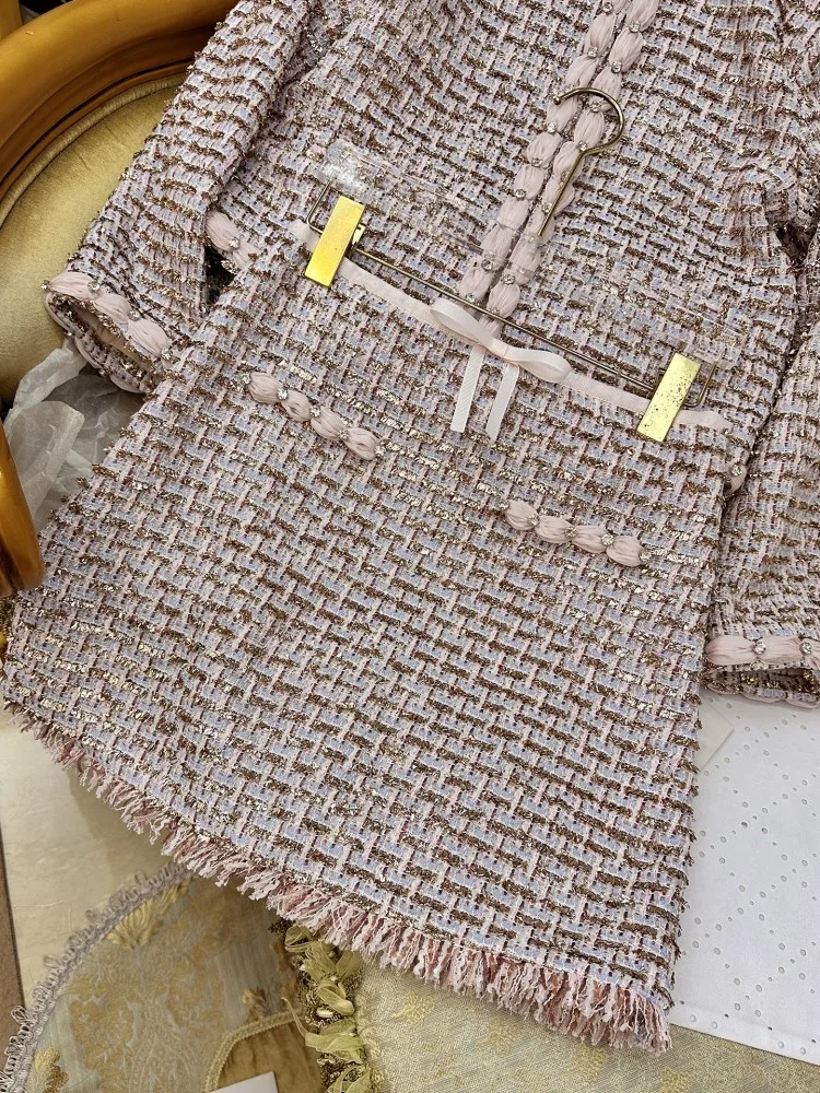 Autumn Winter Office Women Mixed Color Fit Sets Golden Silk O Neck Two Piece Set Tweed Jacket Slim Half Skirt Set Elegant Lady