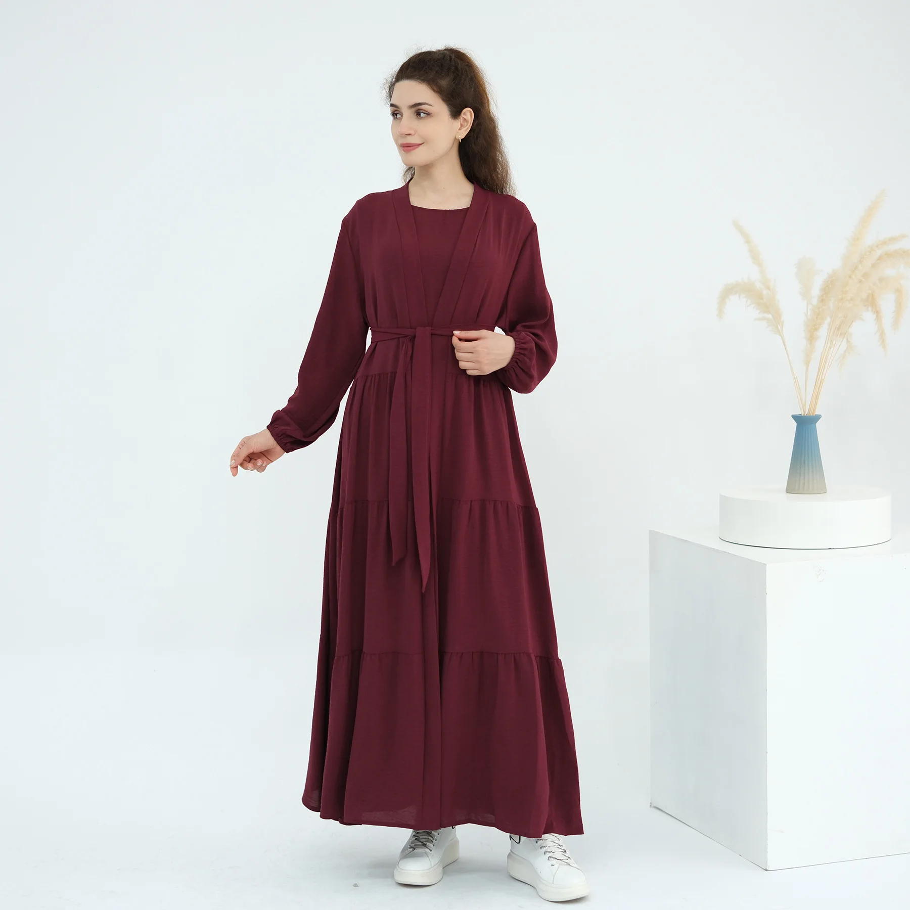 

Мусульманский комплект для женщин: Дубайский халат, кафтан, одежда для Рамадана, исламский кимоно-кардиган, открытая абайя, платье-джалабия, турецкие комплекты, вестидо