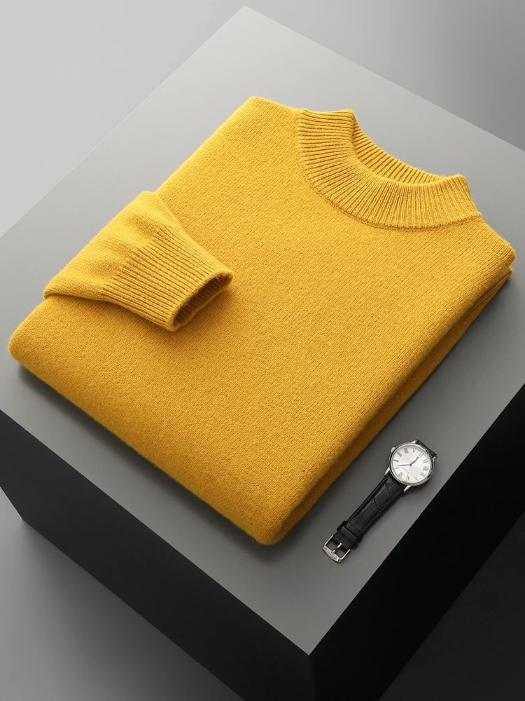 Autumn Winter Men's 100% Merino Wool Knitted Mock Neck Sweater Pullover Simplicity Solid Cashmere Casual Thick Male Clothing Top