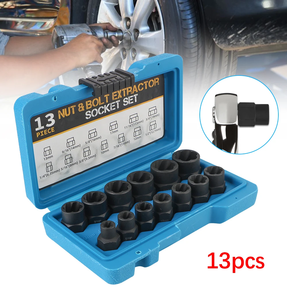 

Damaged Stripped Nut and Bolt Socket Wrench Nut Extractor Socket Remover Kit 3/8" 13PCS Impact Bolt Nut Screw Remover Tool Set