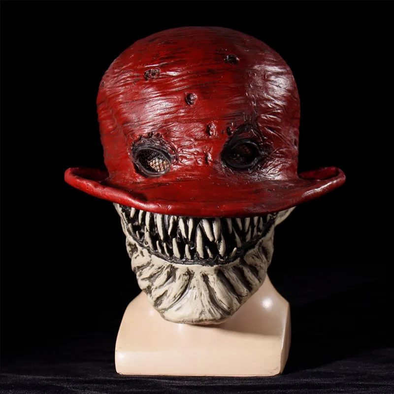Halloween Horror Mask Red Hat Creepy Smile Sharp Teeth Scary Latex Mask Cosplay Costume Party Masquerade Carnival Dress Props