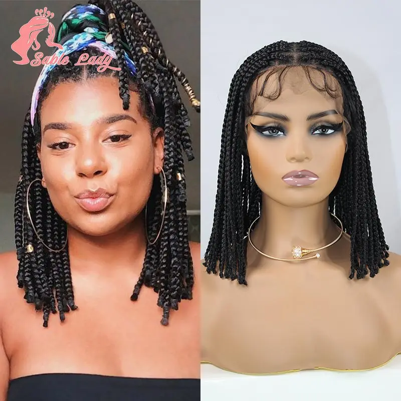 10'' Box Braided Full Lace Wigs Bouncy Short Bob Dreadlock Braids Wig with Plait Synthetic Cornrow Lace Frontal Wig for Braiding