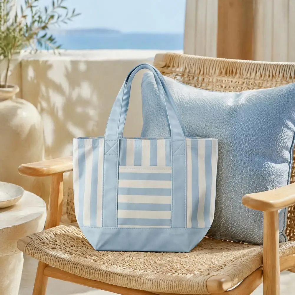 Striped Canvas Tote Bag, Reusable Grocery Tote, Stylish Shoulder Bag With Front Pocket For Shopping Picnic Commuting