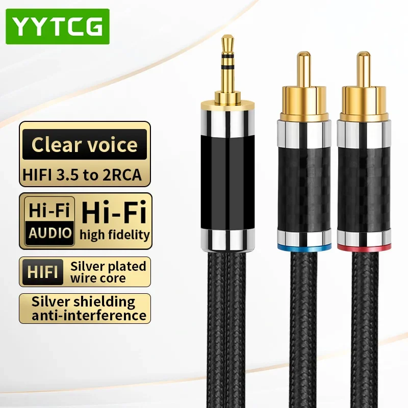 

3.5mm Aux Jack to 2 RCA OFC Silver Plated Audio Cable 24K Gold Plated Aux to Rca HIFI Stereo for amplifier Mobile Phone Computer