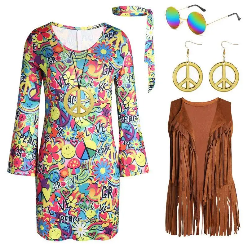 

Костюм для дискотеки в стиле Хэллоуин, 60-е, 70-е, 80-е годы, хиппи, для взрослых, праздничный наряд, женский этнический сценический костюм, весна 2023, Mhminghuan