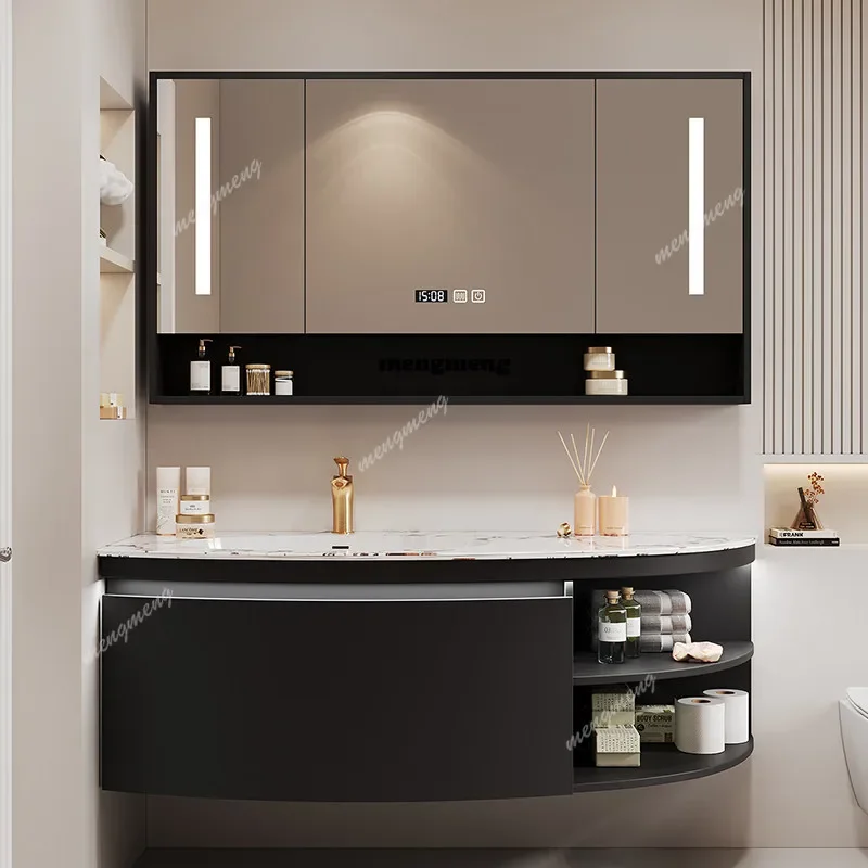 New design Designer Sailing Oak Bathroom Cabinet Slate Seamless Wash Desk Wash Sink Washbasin Cabinet Smart Mirror Cabinet Custo