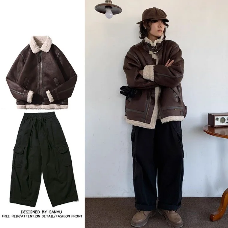 

Thickened Suede Lamb Fur Jacket Men's Women's Cotton Padded Coat Retro Japanese Style Winter Outerwear Casual Cleanfit Style