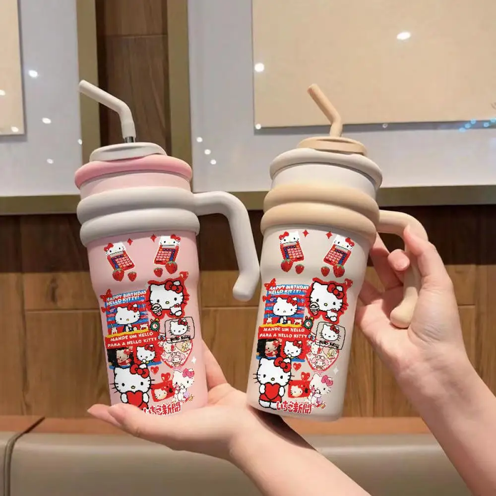 Kawaii Sanrio Hello Kitty Cartoon Thermos Cup Cute Printed Large Capacity Straw Cup High-Value Gift Couples Sports Water Cup