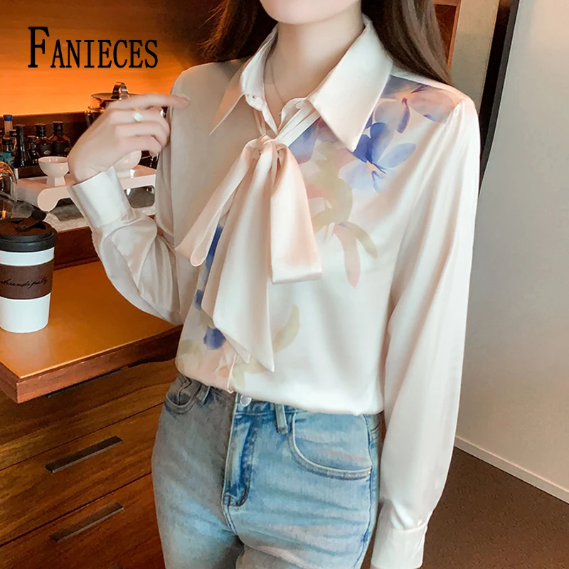 

FANIECES Blouses For Women Fashion 2024 Elegant Bow Tie Satin Female Shirt Office Lady Autumn Long Sleeve Top блузка на завязках