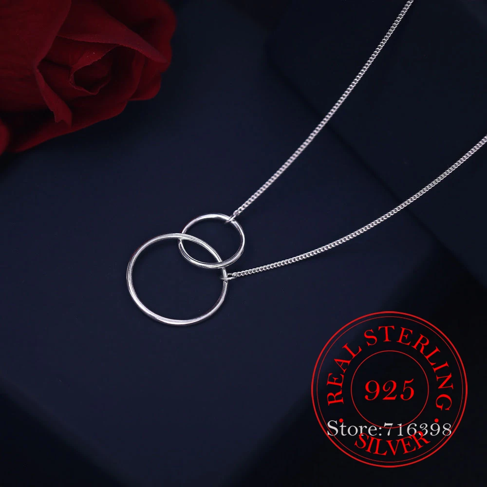 925 Sterling Silver Double Circle Interlock Clavicle Short Necklace silver 925 Jewelry For Women collares para mujer plata 925