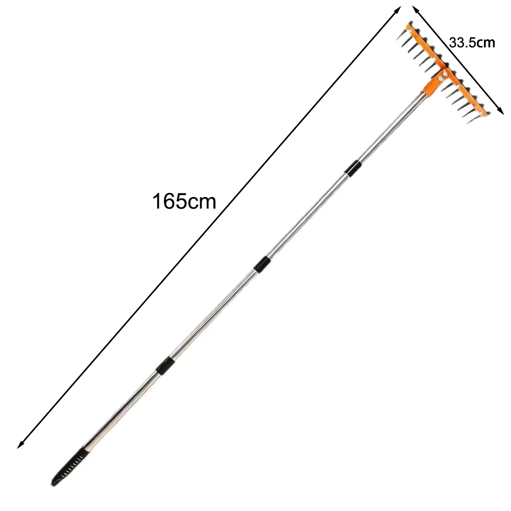 62 Inch Garden Rake with 14 Spring Steel Tines Wide Head Design for Fast Coverage on Soil Mulch and Leaf Management