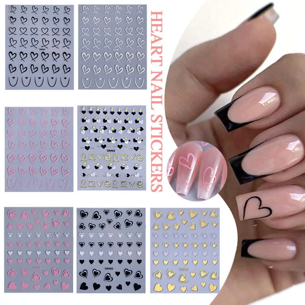 Autocollants 3D Kawaii pour Nail Art, blanc, rose, or, cœur, amour, manucure, décorations coulissantes pour ongles, décalcomanies adhésives pour la saint-valentin, DIY bricolage, X4S6