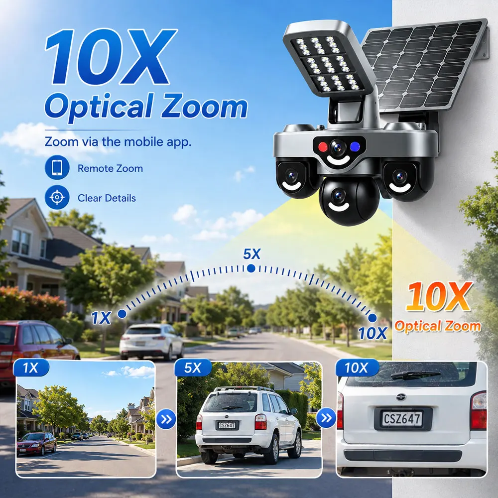 15MP Three Screens 4G AOV Solar Camera Outdoor 24/7 Record 12000mAh Battery 10X Optical Zoom PTZ Waterproof CCTV Security Camera