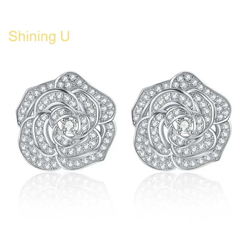 Shining U S925 Silver High Carbon Daimond Camellia Flower Stud Earrings for Women Floral Fine Jewelry Engagement Anniversary