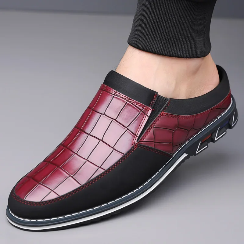 2025 Summer larger size 53 New Men's half slippers PU leather shoes without heels men's casual lazy slippers,Toe wrapped sandals