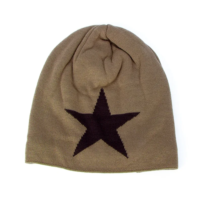 Korean-style trendy knitted wool hat, winter fleece-lined warm large five-pointed star pullover hat for men, outdoor hatWM049