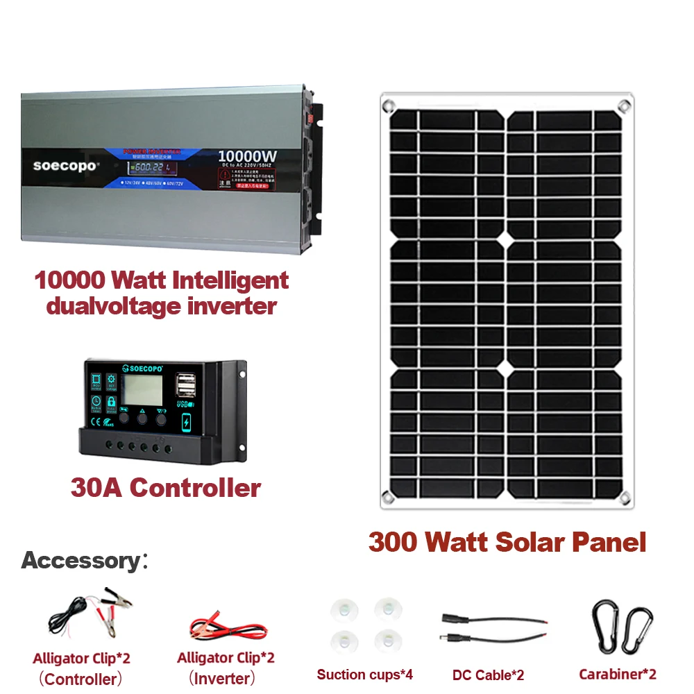 10000W Solar Kit Dual Voltage 10000W Inverter LCD DC 12V24V toAC220V 300W Solar Panel 30A Controller for Home Camping RV Outdoor