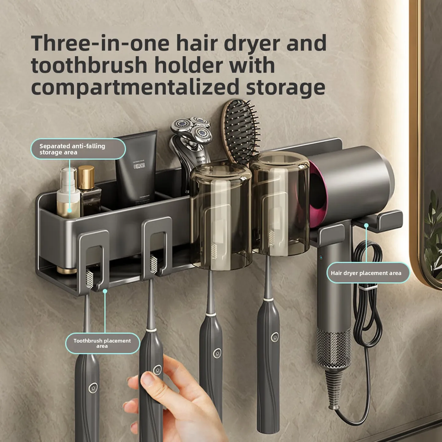 Wall Mounted Hair Dryer Holder No Drill Bathroom Organizer with Three Toothbrush Slots Strong Storage Shelf Home 욕실 수납 선반