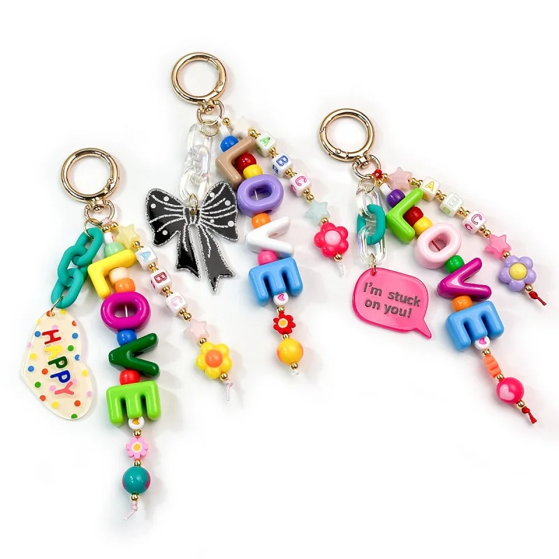 Cartoon Letters Keychain Bag Charm Y2K Aesthetic Sweet Cool Beaded Keychain Novelty Keyring for Women and Men